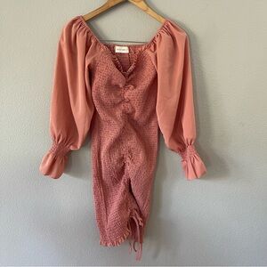 LUCA + GRAE Smocked Long-sleeve Mini Dress Square Neckline Drawstring Peach L
